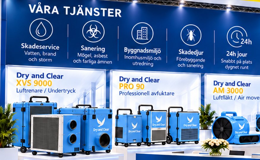 Dry and Clear-produkter: luftrenare XVS 9000, avfuktare PRO 90 och air mover AM 3000 i blått